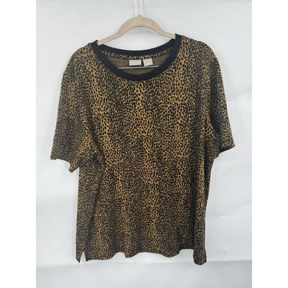 Chicos Animal Print Shirt Women Large Brown Casual Short Sleeve Round‎ Neck Boho